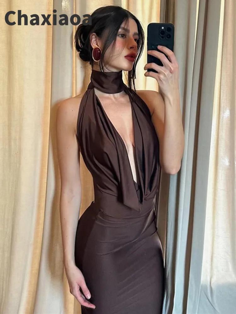 Chaxiaoa Halter Hollow Out Backless Sexy Maxi Dress Women Fashion Off-shoulder Sleeveless Bodycon Split Club Party Long Dress