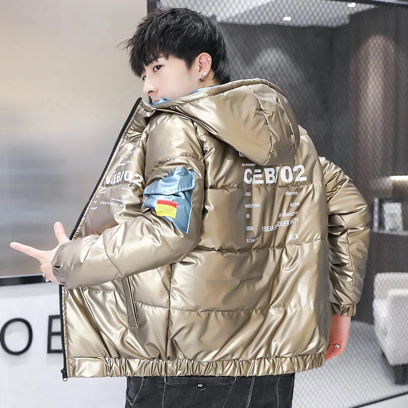 New Casual Bright Hooded Cotton-Padded Jackets Men's 2023 Autumn Winter Warm Down Coats Tops Clothing Youth Outwear Thick Parkas