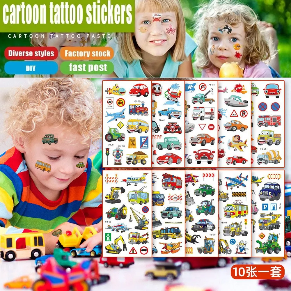 10Pcs/set Tattoo Kids Various Cartoon Car Fake Tattoo Sticker Temporary Tattoos Waterproof Airplane Tattoo Arm Hand For Child 10pcs temporary tattoos for children football soccer fan fake tattoo sticker temporary tattoo sticker sleeves waterproof man kid