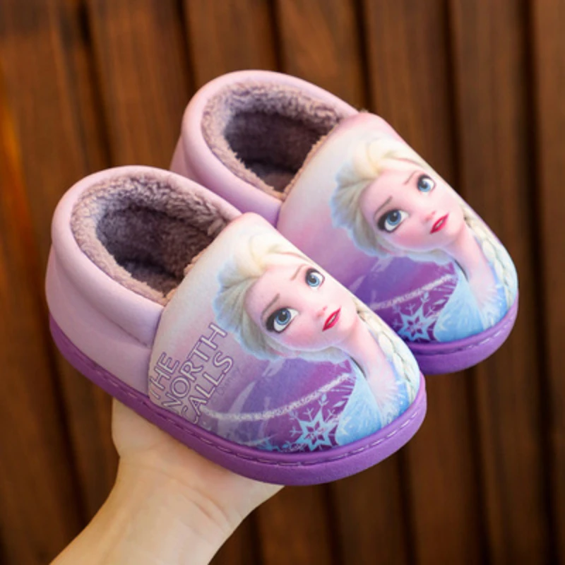 Cotton Slippers Disney Princess Sofia Elsa Winter Children Cotton Slippers Girl Parent-child Snow Non Slip Warm Baby Slippers Size 24-39 cotton slippers