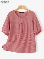 ZANZEA Summer Vintage Women Casual Loose Shirt Baggy Plaid Checked Tops Tunic Fashion O Neck Short Sleeve Blouse Blusas Chemise - Image 5