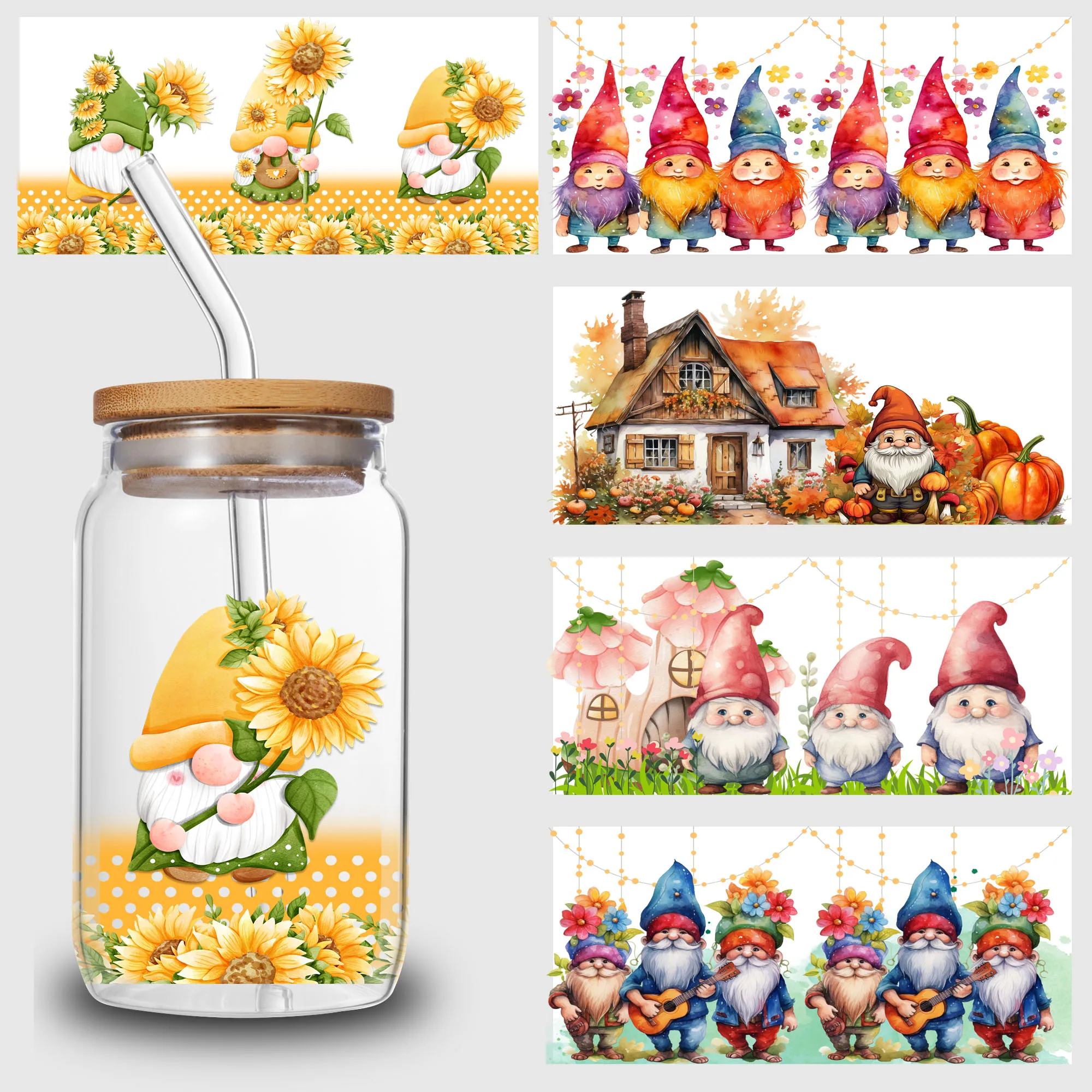 5 Sheets Gnome UV DTF Cup Stickers for Glass DTF Transfer Stickers, Waterproof Friction Transfer for 16 oz Glass, Mugs, Crafts