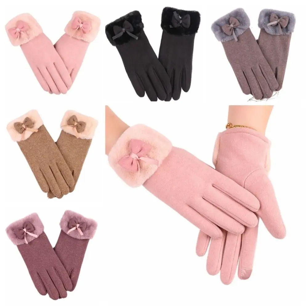 

Cute Bowtie Glove Women Autumn Winter Full Finger Touch Screen Glove Plus Velvet Warm Windproof Outdoor Driving Cycling Mittens