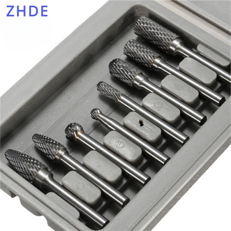

ZHDE 8pc 1/4" (6mm) Shank Double Cut Carbide Rotary Burr Bit Set CNC Engraving W/ Box