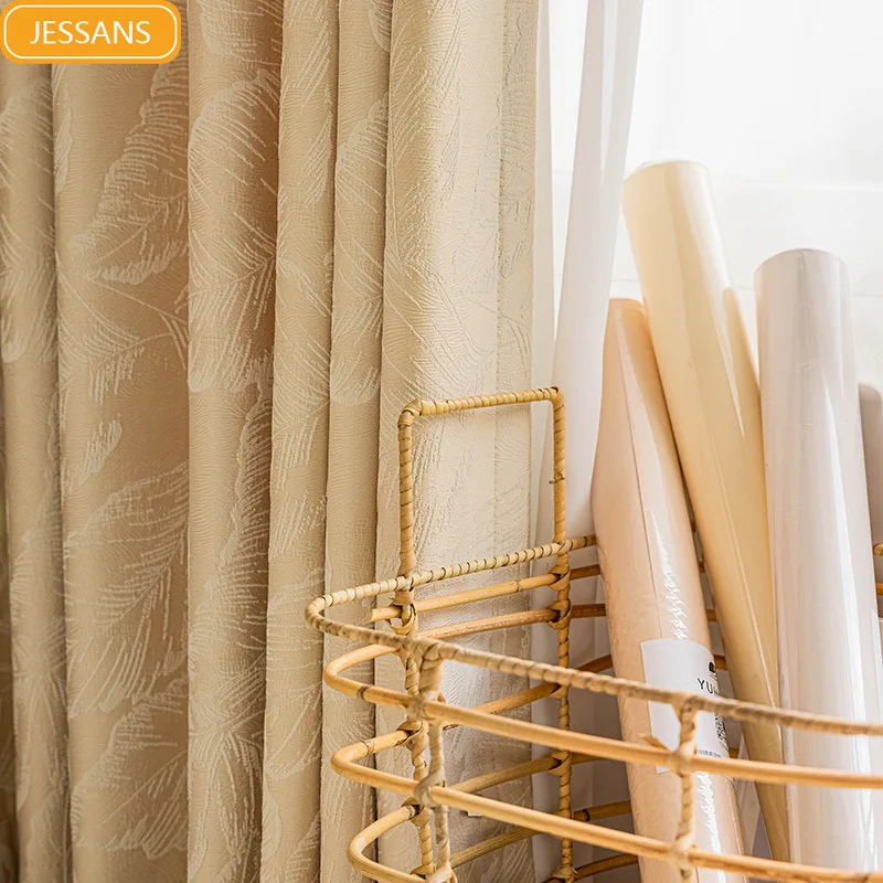 

Palm Leaf Relief Jacquard Cream Beige Thickened Curtains for Living Room Bedroom Window Balcony Partition Finished Products