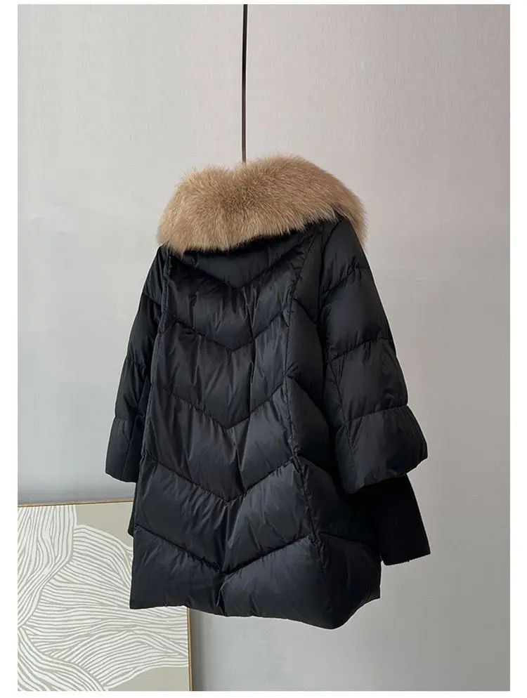 2026 New Womens Winter Coat White Duck Down Jacket With Big Woolen Collar Female Loose Outerwear Fashion Overcoat