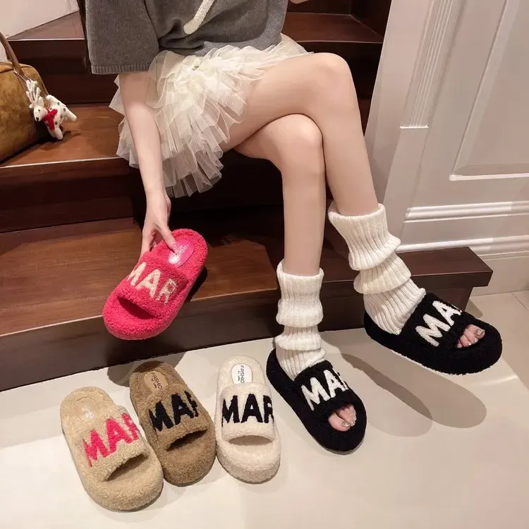 Plus Size Thick Bottom Fluffy Slippers Women's New 2024 Autumn Winter Korean Style Velvet Straight Slippers Cotton Slippers For 