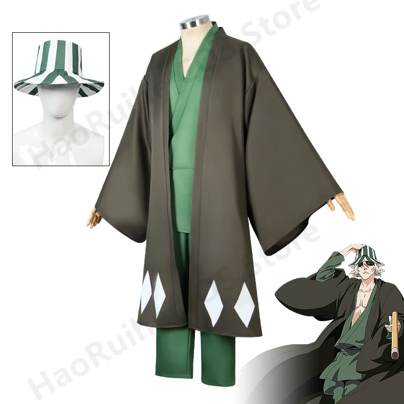 Фото Горячее аниме отбеливатель Косплей Урахара Kisuke Gotei 13 костюм кимоно Униформа накидка топ брюки шляпа костюм для Хэллоуина карнавальвечерние №2
