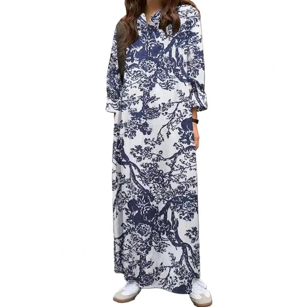 

Women Printed Shirt Dress Bohemian Dress Lapel V-neck Long Sleeve Spring Loose Robe Holiday
