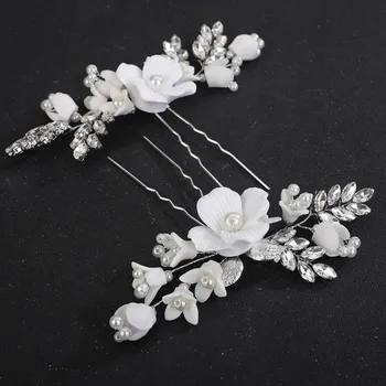 2PCS Trendy Flower Rhinestone Wedding Hair Pins Headpieces Pearl Bridal Bride Hair Accessories Jewelry Handmade Tiaras for Women