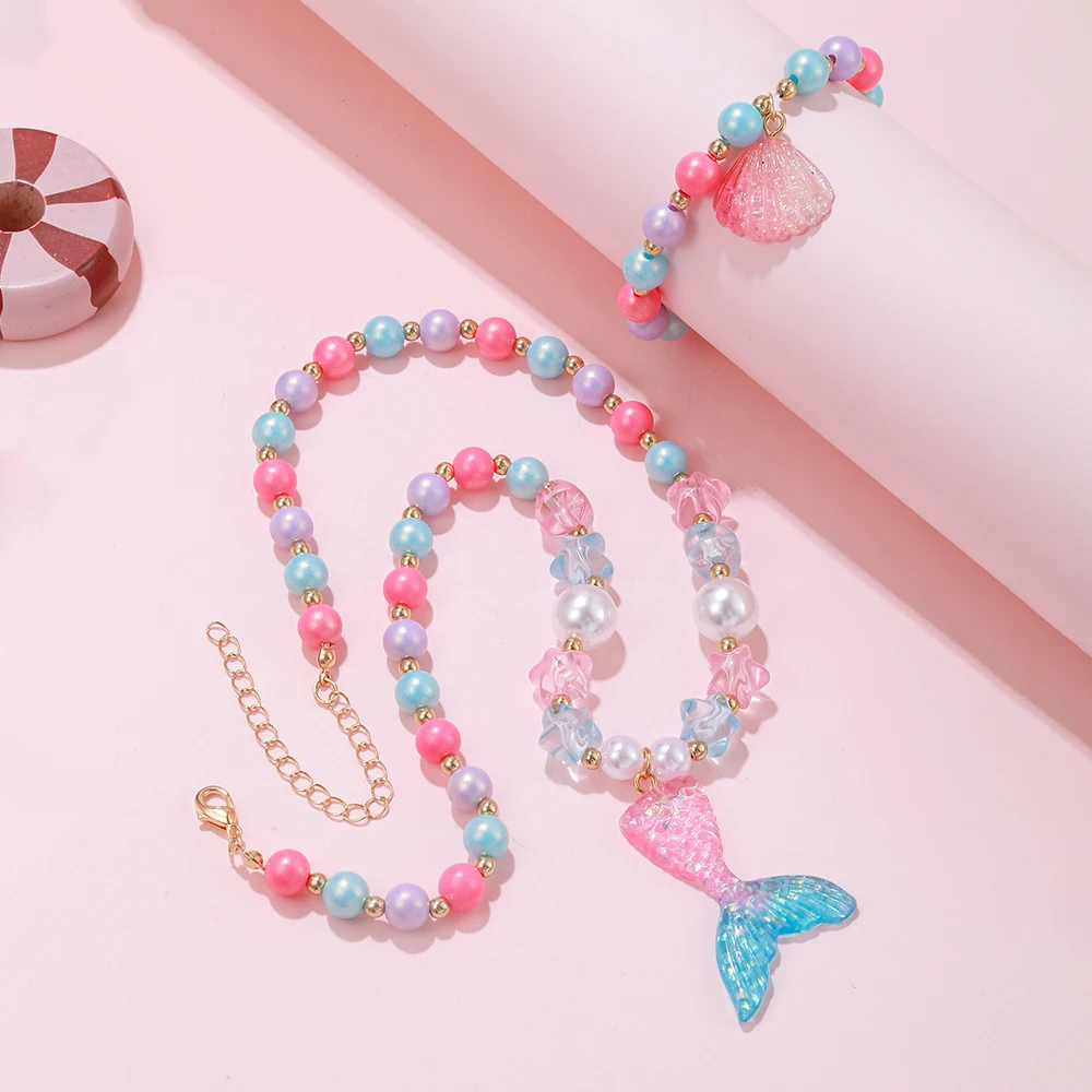 2Pcs/set Girl Princess Mermaid Shell Charm Necklace Bracelet Jewelry Set for Daughter Niece Girls Best Party Birthday Gifts 4