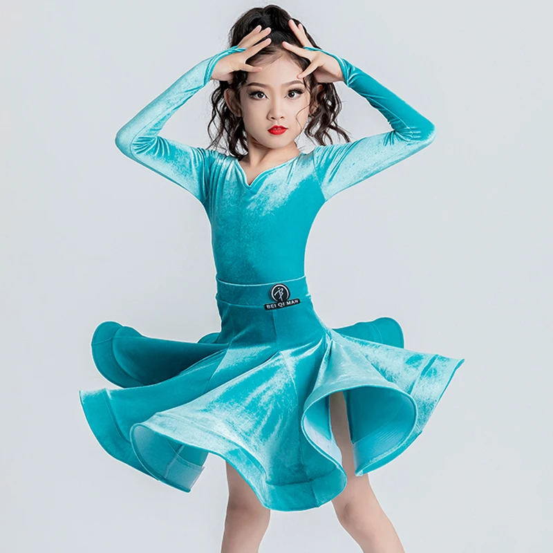 6 Colors National Standard Ballroom Dance Dresses Girls Velvet Latin Dance Performance Costumes Kids Stage Party Dress SL9535