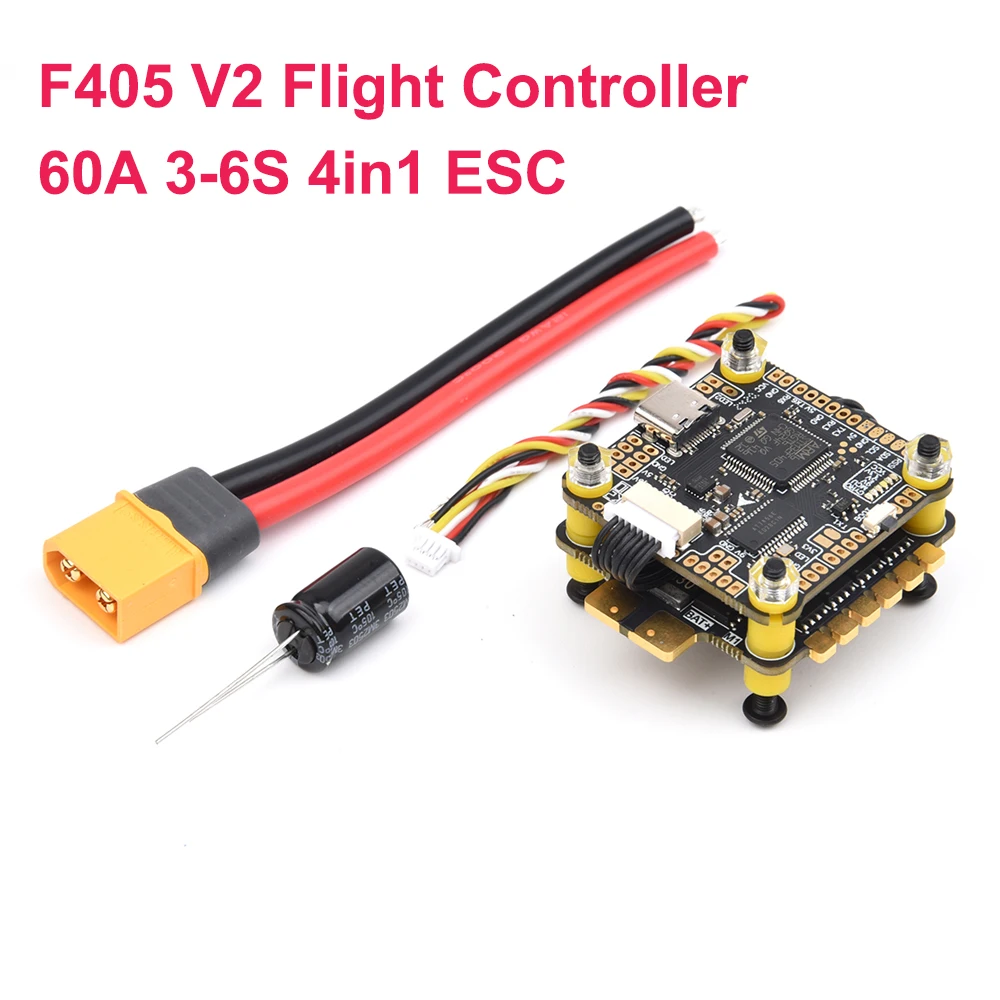 Contrôleur de vol F405 V2 et ESC 60A pour drone FPV installé sur un châssis de drone, câbles branchés.