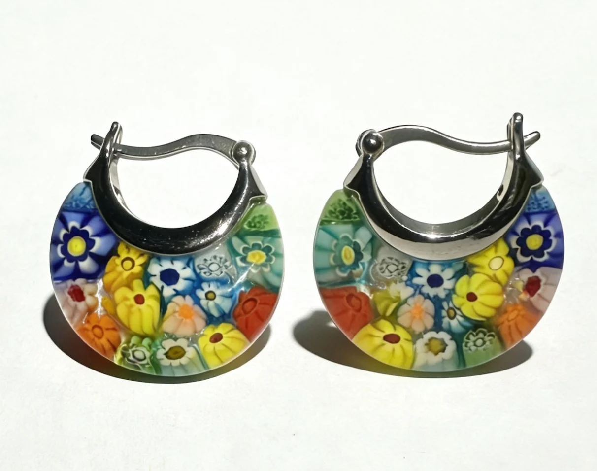 Muranokorb-Glas-Creolen, Gänseblümchen, Edelstahl, für Damen, Geburtstag, personalisiertes Geschenk, Modeschmuck, lebendige Farben