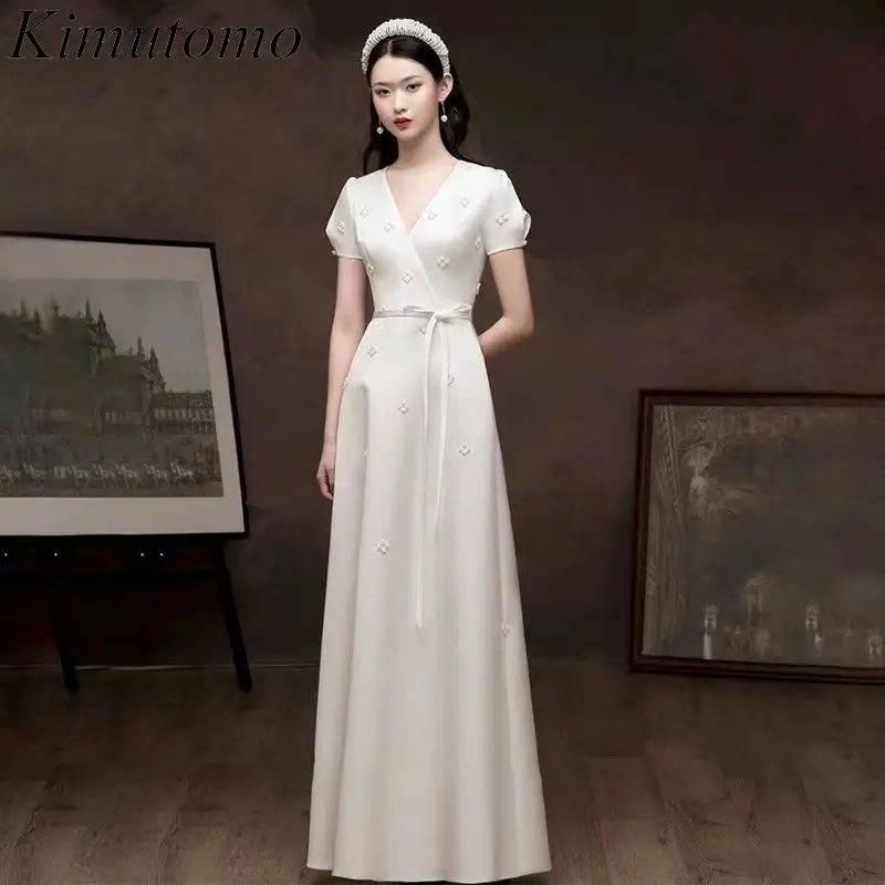 

Kimutomo Beaded Flowers Satin Engagement Dress Puff Short Sleeves V Neck Lace Up Maxi Dresses Korean Simple Design Formal Dress