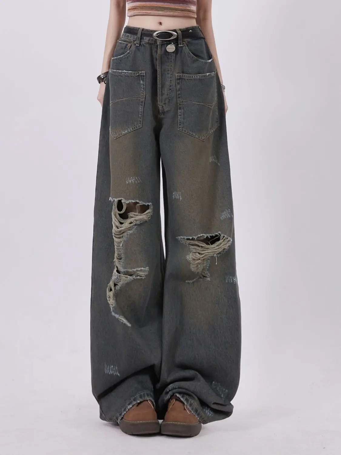 High Waist Women Blue Jeans Hip-Hop Style Fashion Vintage Wash To Make Old Wide Leg Jeans Ripped Female Trouser Baggy Denim