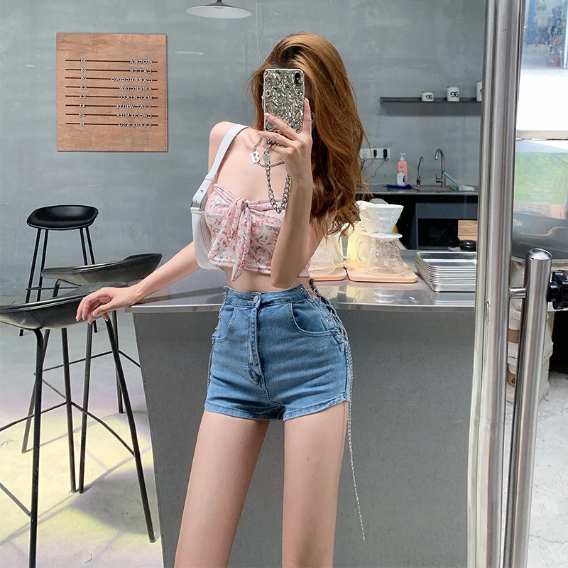 bermuda shorts Women Lace Casual High Waist Straight Jeans Shorts Summer Pockets Slim Female Blue Denim Shorts Ladies High Street Bottoms 2021 jorts