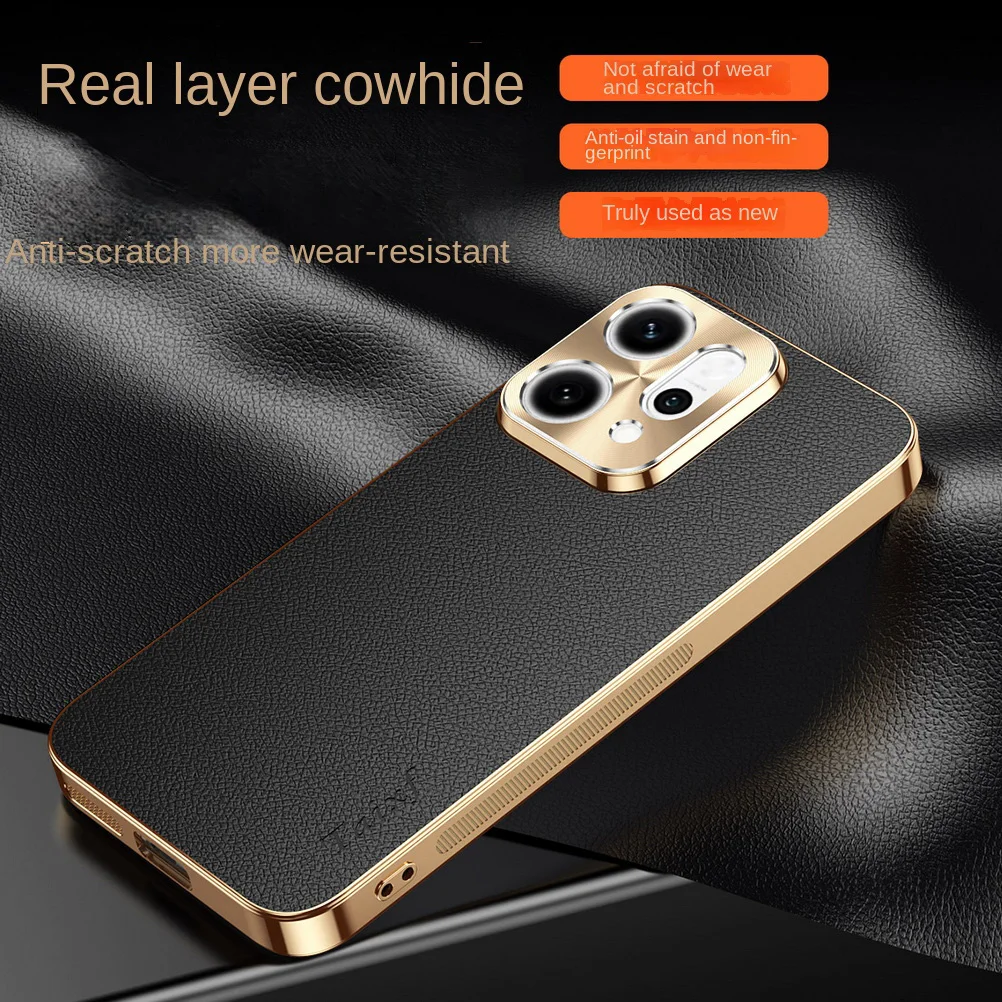 Cowhide Lychee Texture Electroplated Frame Case with Lens Protection