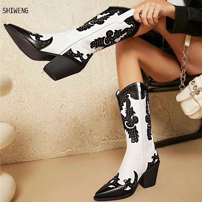 

2024 Rhinestone Fashion Women's Western Mid-Calf Boots New Cowboy Cowgirl Shiny Pointed Toe Zipper Sexy High Heels Luxury