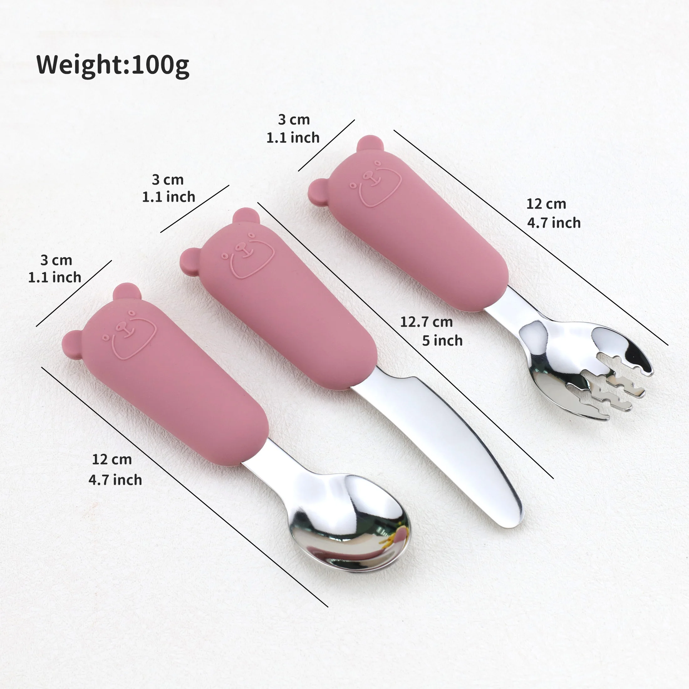 New Cartoon Bear Stainless Steel Spoon Fork Knife 3-Piece Set Silicone Tableware Set