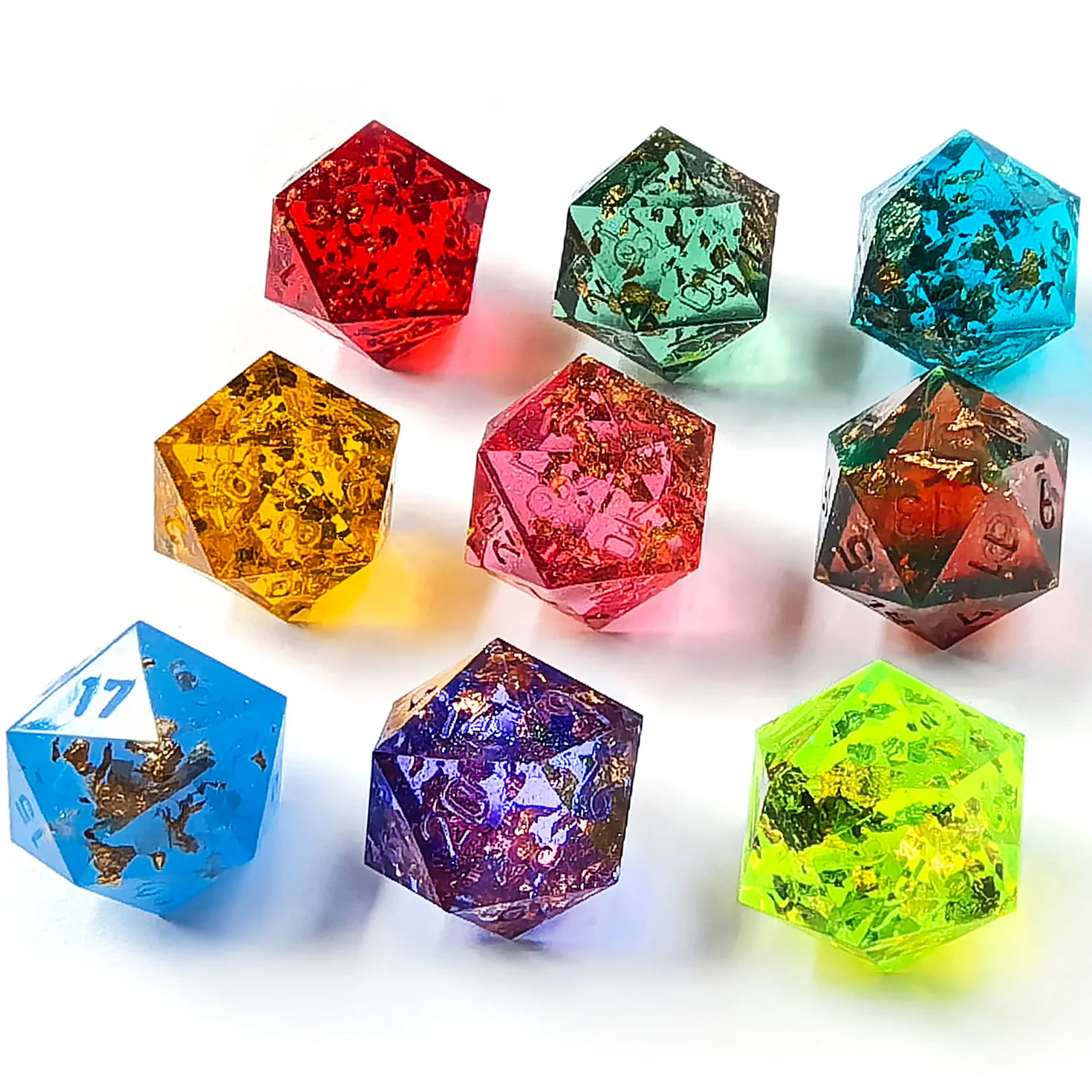 Unpainted Shimmery Sharp Edge DND Dice Set with Golden foil, Handmade 7 Piece Razor Edged Polyhedral RPG Dice Set 6