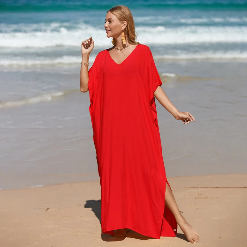 Solid Color Deep V Neck  Sexy Women Beach Swimsuit Cover-Ups Long Loose Cover Up Beach Dress Bikini Cover Up Bohemia Women's Be