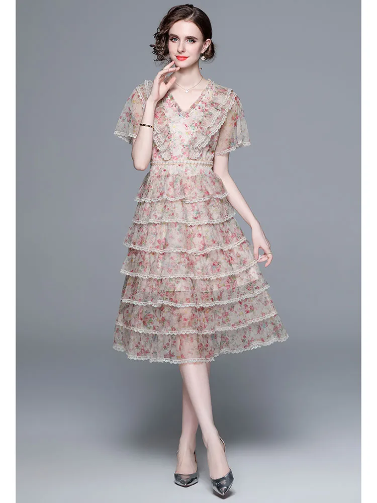 

Women Summer Dress Korean Version New Temperament Heavy Industry Nail Bead Printing Mesh V Neck Cake Swing Dress D4360