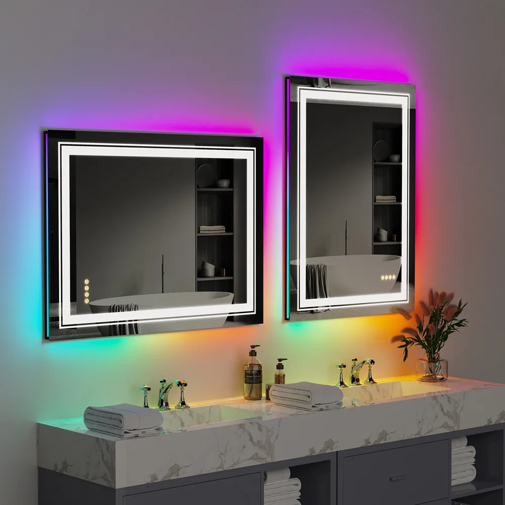LUVODI Rectangle RGB LED Bath Mirror Wall Mounted Waterproof Demist Vanity Makeup Mirror with Multicolor Lights 5