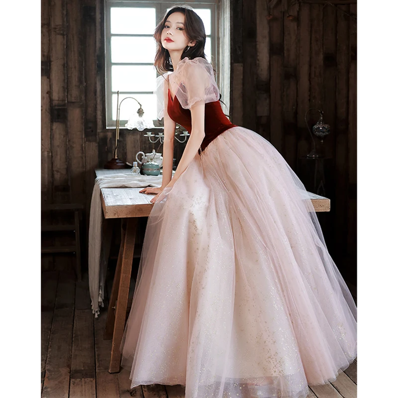 

French Elegant Banquet Evening Dresses Women V-Neck Puff Sleeves Lace-up Princess Long Prom Gown Sweet Pink Bar Mitzvah Dress