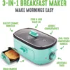 3-in-1 Breakfast Maker Station, Ceramic Nonstick Dual Griddles & Breakfast Sandwiches, 2 Slice Toast Drawer, Turquoise 3