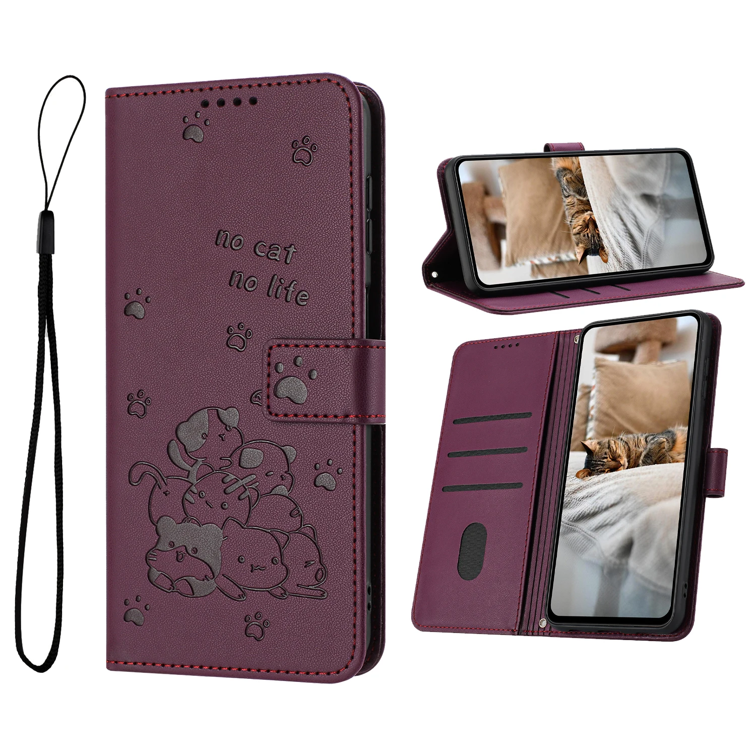 Elegant Leather Cat Design Phone Wallet Case Cover