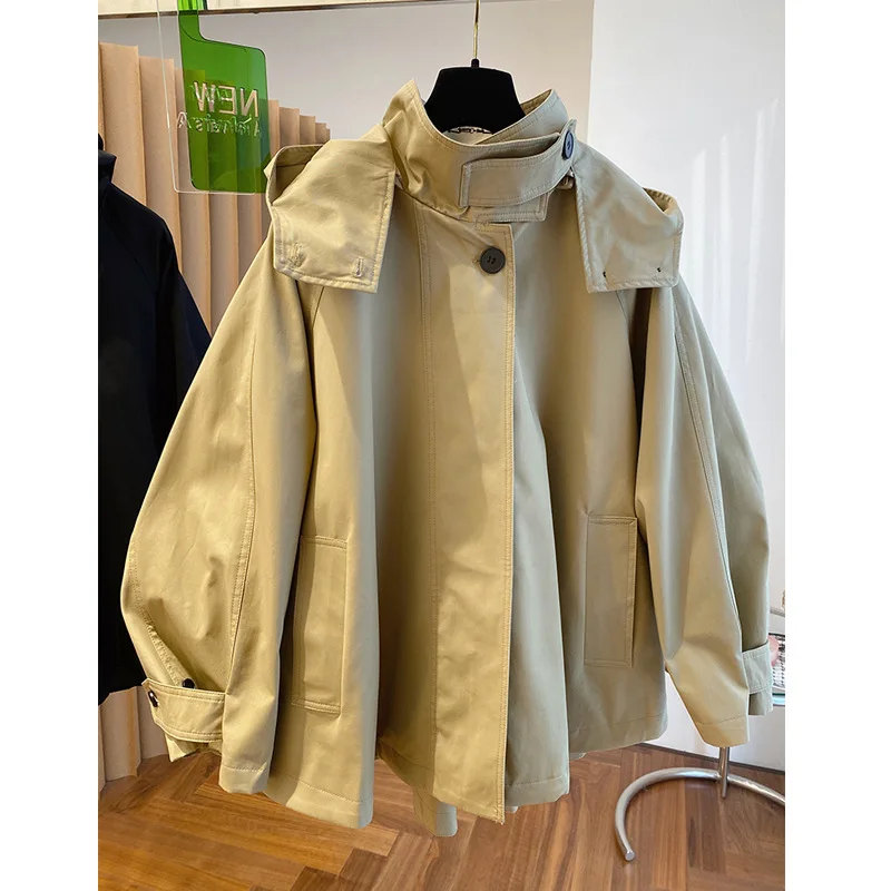 

Women Korean Spring Autumn Casual Long Sleeves Oversized Zip Up Jackets Vintage Khaki Hooded Trench Jacket Loose Outwear Female