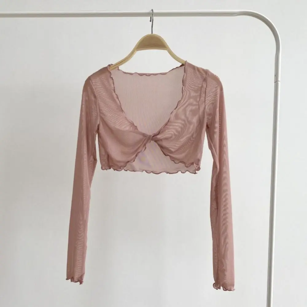 Comfortable Ruffle Mesh Knot Cardigan Long Sleeve V-neck Transparent Cardigan Korean See Through Shirts for Women Travel