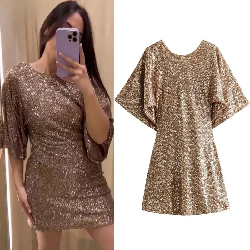 

TRAF Gold Shinny Short Sequin Dress Women Fashion Round Neck Wide Short Sleeve Mini Dresses Pretty Back Flowy Neck Sexy Vestidos