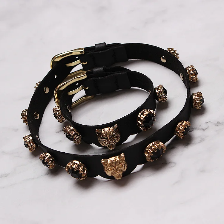 

Vintage Leopard Head Rivet Tiger Head CHOKER Collar Chain Leather Necklace Bracelet