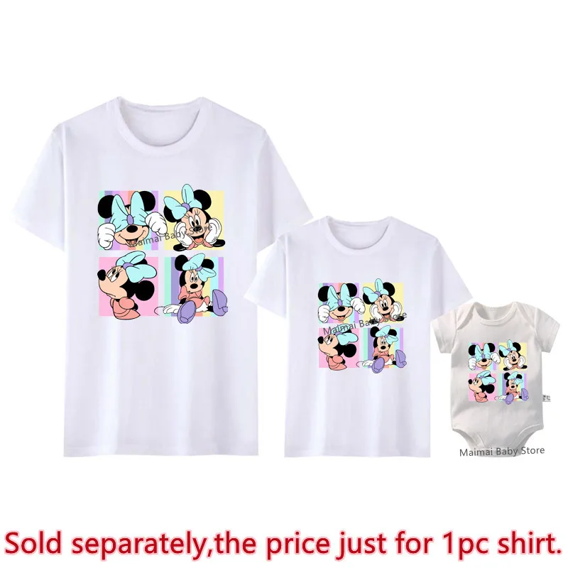 New Disney Minnie Mouse Shirts Cute Mother and Kids Tshirts Tops Baby Romper Funny Look Disneyland Trip Family Matching Outfits 3