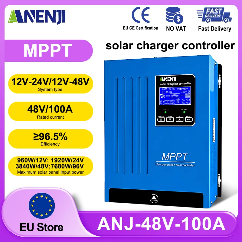 ANENJI 100A MPPT Regulator Ładowania Solarnego Paneli Słonecznych 12V 24V 48V Automatyczny Regulator Ładowania Akumulatorów do Urządzeń Elektrycznych