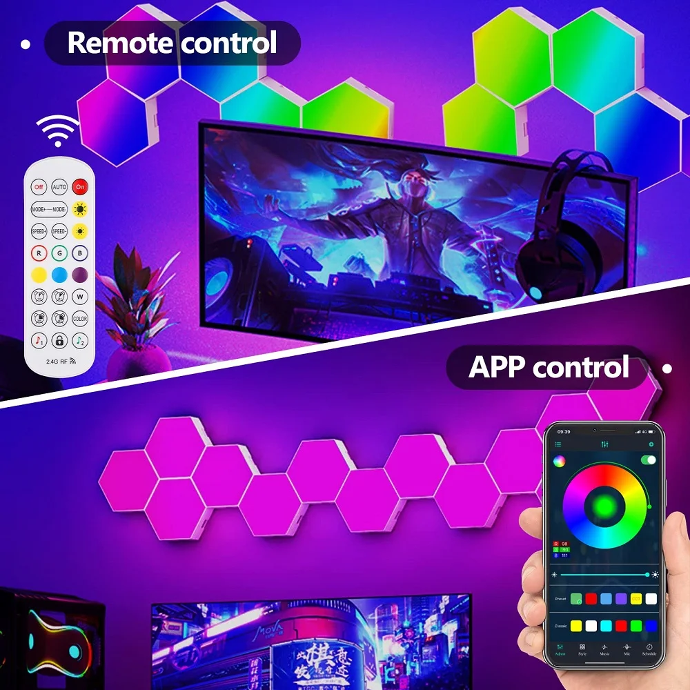 RGB 스마트 육각 벽 램프, 색상 변경 주변 야간 조명, DIY 모양 음악 리듬 앱, 게임 룸 침실용 지능형