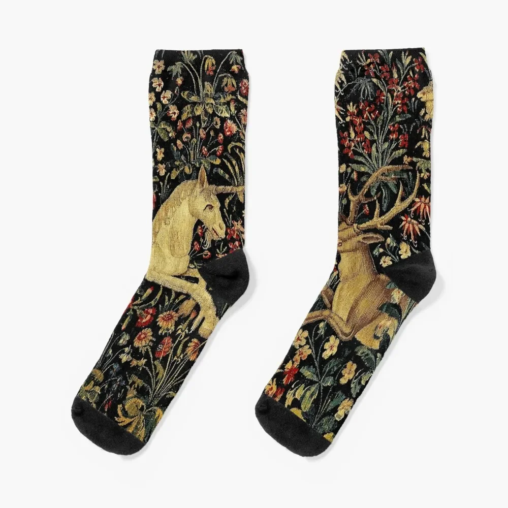 

Medieval Unicorn Midnight Floral Tapestry Socks moving stockings winter gifts warm winter Girl'S Socks Men's