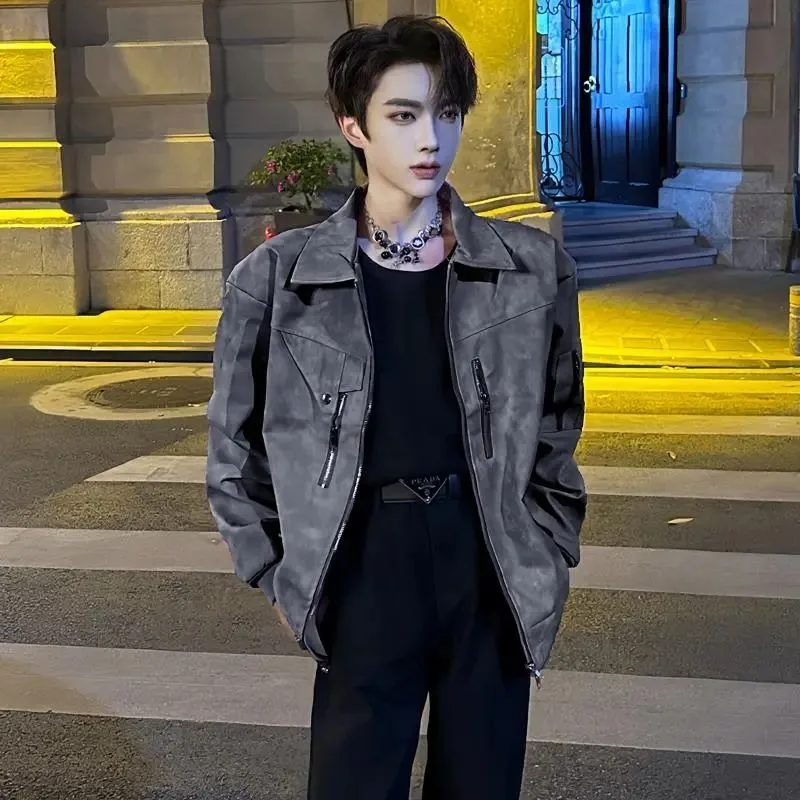 Leather Jacket Motorcycle Jacket Korean Men Brand Clothing Autumn Winter Streetwear Lapel Zipper Coats Long- Sleeve Pockets