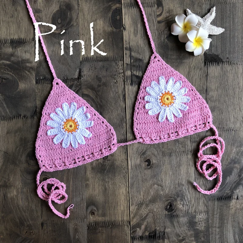European and American Fashion Hollowed Out Sunflower Bikini Swimwear INS New Pure Handmade Cotton Woven Beach Vacation Top