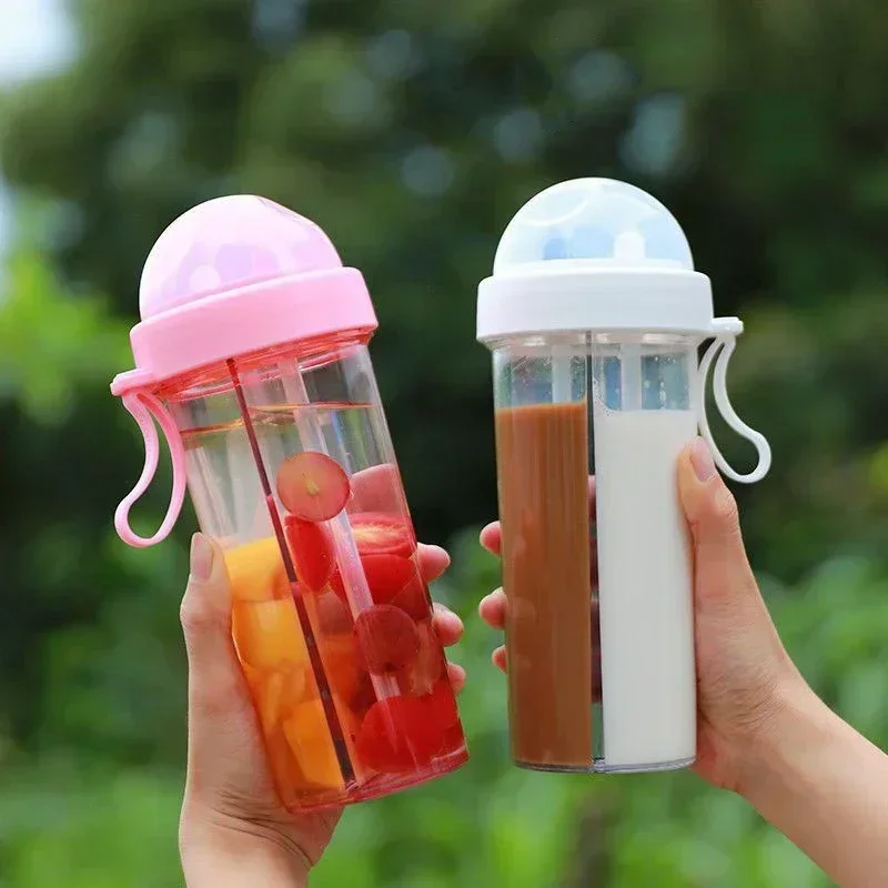 420/600ml Double Drinking Bottle Cute Girl Student Outdoor Double Straw Cup with Handle Portable Plastic Water Bottle water bottle sports water bottle sports bottle plastic water bottle plastic cup