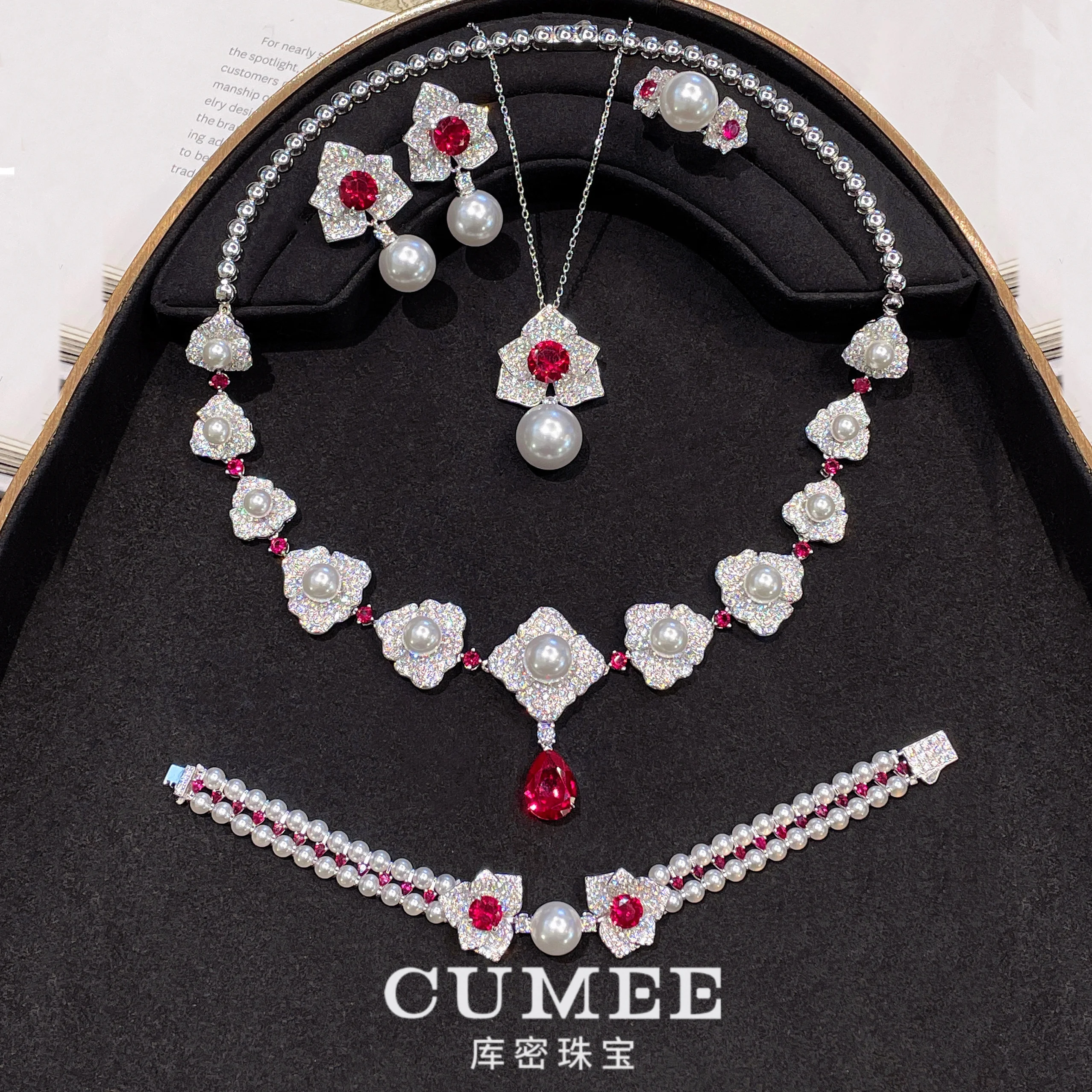 Cumee Ethnic Flower Ruby Jewelry Set Artifical White Pearls Cultivation Synthetic Ruby Pendants Necklace 925 Silver Plated Gold