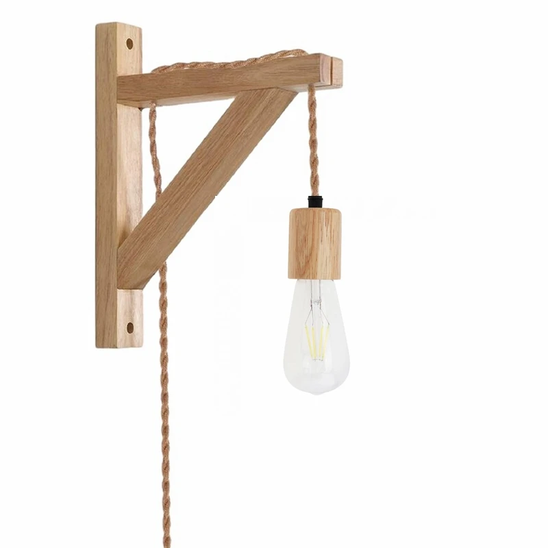 Modern Wood Hanging Lamp with Vintage Fabric Cord EU Plug Switch E27 Wooden Lamp Holder for Bedroom Home Decoration