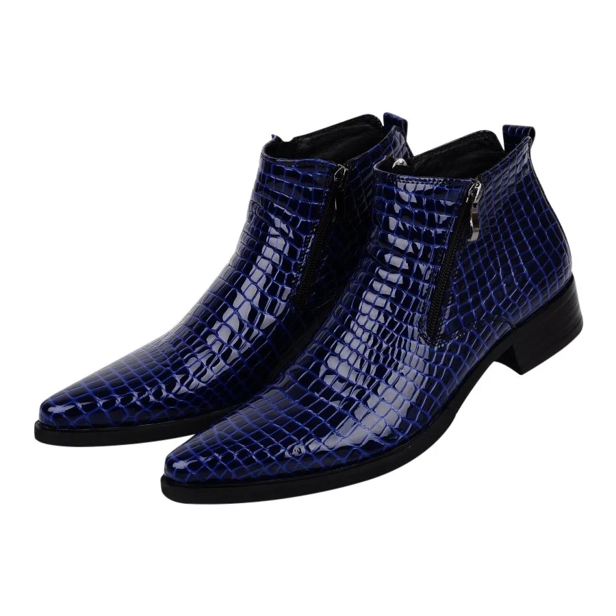 Large Size EUR46 Serpentine Blue Black Mens Ankle Boots Wedding Shoes Genuine Leather Shoes Man Dress