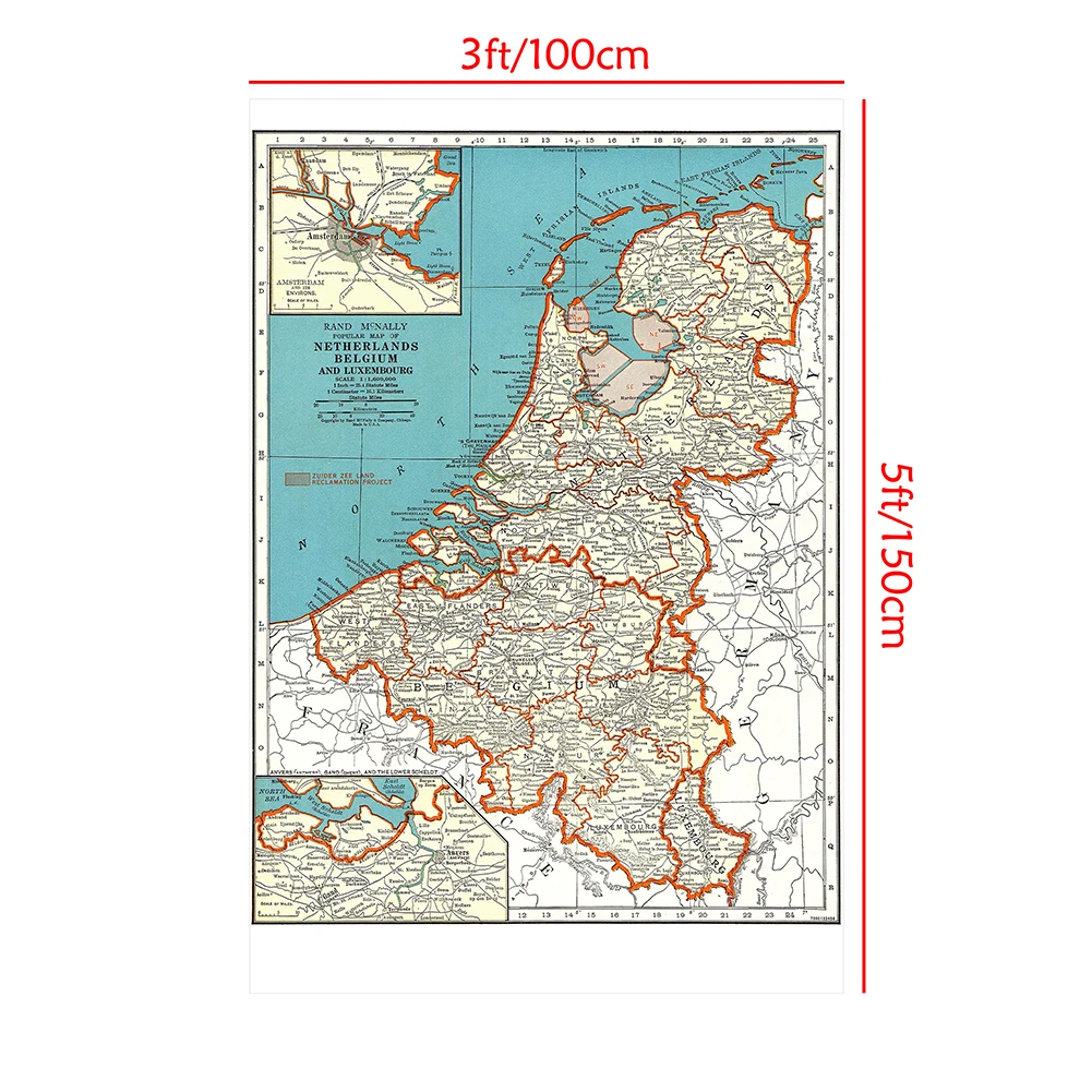 100*150cm Map of The Belgium and Netherlands in 1936 Retro Wall Art Poster Canvas Painting Home Decor School Supplies
