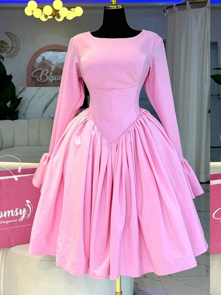 AOMEI Damen-Kleid, elegant, A-Linie, schmale Passform, O-Ausschnitt, lange Aufflackernärmel, rosa Kordelzug, rückenfrei, Clubwear, Vestidos, Sommer 2025