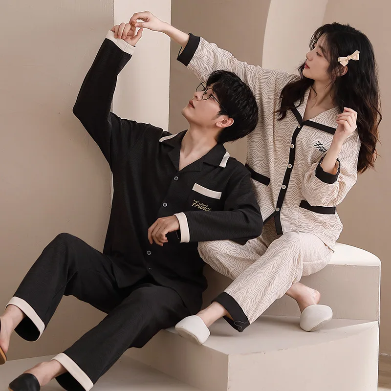 100% Cotton Autumn Pajamas Set For Couples Fashion Cardigan Nightwear Women Home Clothes Men Casual Loungewear pijamas feminino
