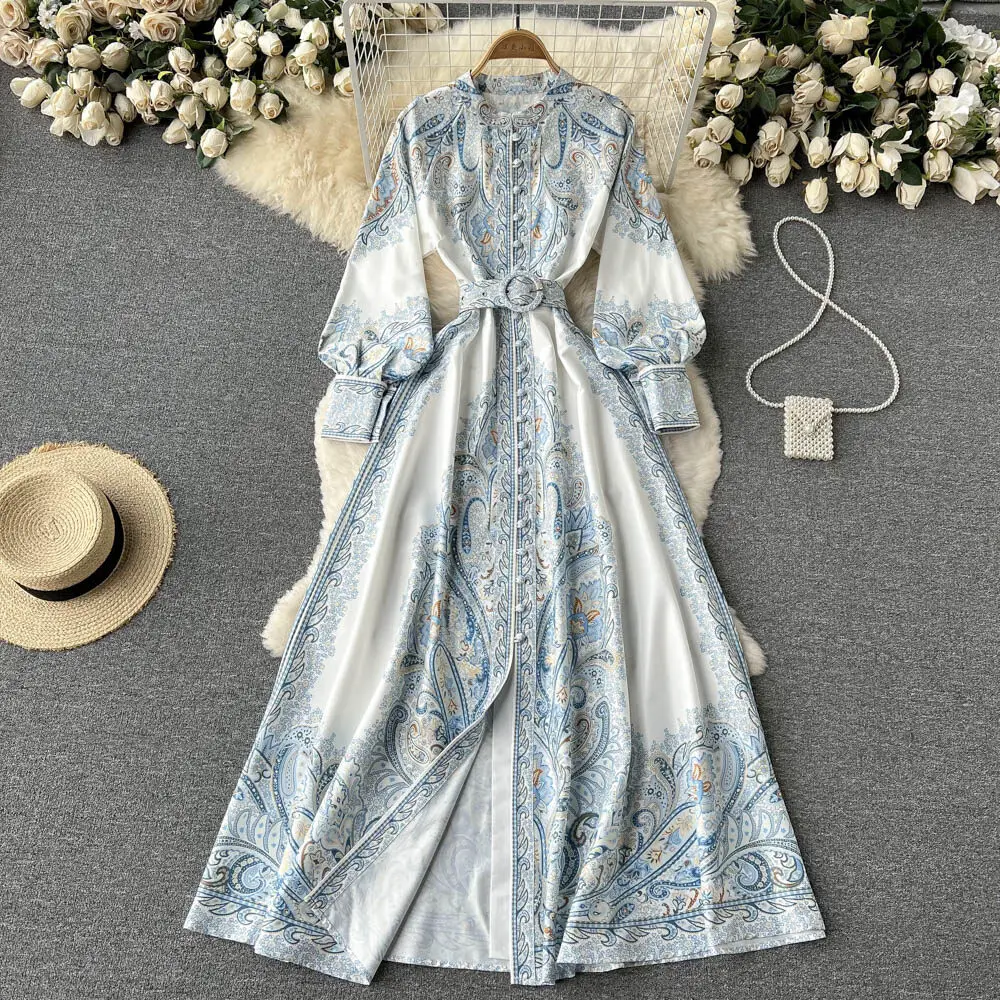 Nuevo vestido de fiesta vintage para mujer, moda de manga larga, botonadura sencilla, cuello alto, elegante, estampado, vestidos largos, primavera y otoño.