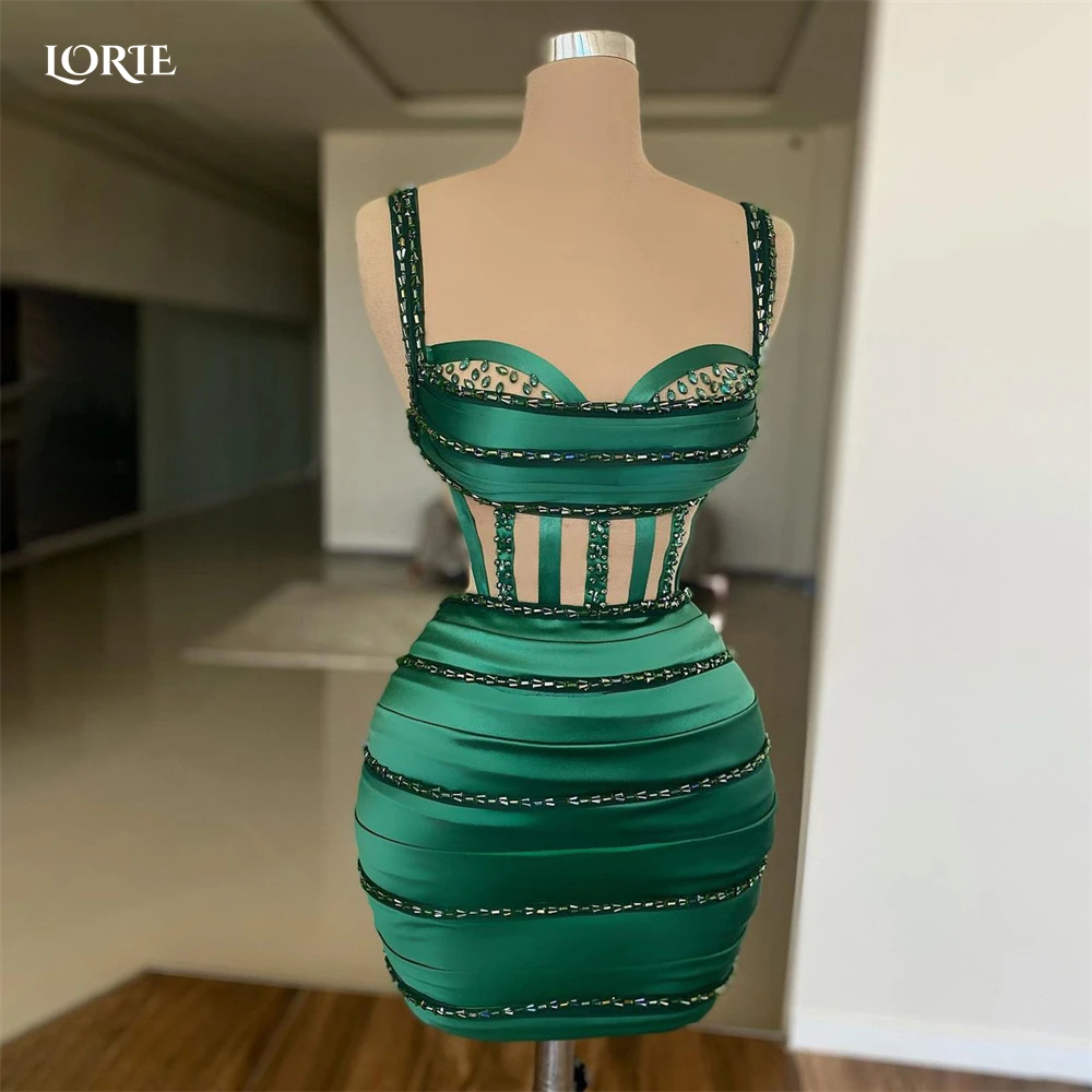 Dark Green Mini Cocktail Party Gowns Spaghetti Straps Pleats Beadings Dubai Evening Dresses Saudi Arabia Clubbing Dress
